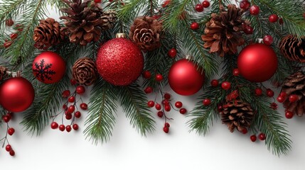 Wall Mural - evergreen branches with red ornaments and pinecones christmas
