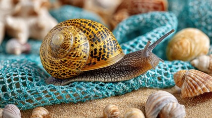 A garden snail with a vibrant yellow and black spotted shell crawls on a blue fishing net, surrounded by seashells on sandy terrain.