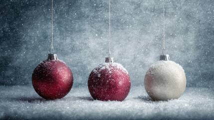Wall Mural - festive holiday ornaments with winter snow on a textured backdrop