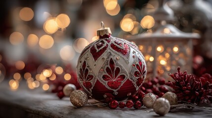 Wall Mural - ornate red and white christmas ornament surrounded by festive decorations and glowing lights during the holiday season