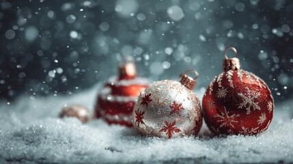 Wall Mural - elegant christmas ornaments with festive holiday decorations sparkling snow winter celebration background seasonal festive decor and joyful holiday atmosphere