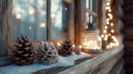 Wall Mural - winter holiday decor with snow pinecones and glowing lights creating a cozy atmosphere in a rustic setting