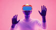 © creative - character with VR goggles immersed in backlit diffuse liquid with colorful background