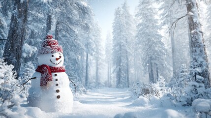 Wall Mural - festive snowman in snowy forest winter wonderland scene holiday card