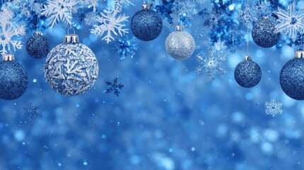 Wall Mural - blue christmas background with snowflakes and christmas balls copy space backgrounds