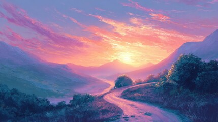 Wall Mural - A winding road extends through a peaceful valley framed by gentle hills as the sun sets casting vibrant orange and purple tones across the sky. The scene is tranquil and inviting.