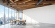 © VideoFlow - Modern office meeting room interior with wooden ceiling beams, city skyline view through panoramic windows, and minimal white wall concept design. Ai generative