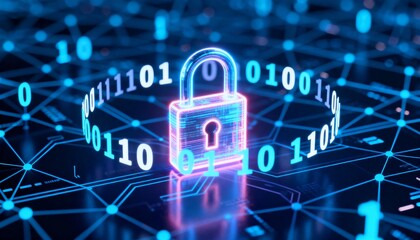 Abstract glowing padlock icon surrounded by binary code, digital cyber security network background