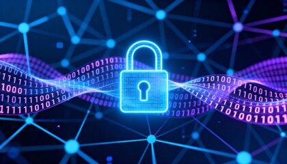 Abstract glowing padlock icon surrounded by binary code, digital cyber security network background