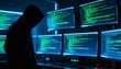 © igor.nazlo - Hacker silhouette in dark hoodie in front of multiple computer screens with code, cyber attack concept