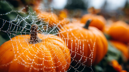 Halloween Spider Web with Dew Drops and Blurry Pumpkins