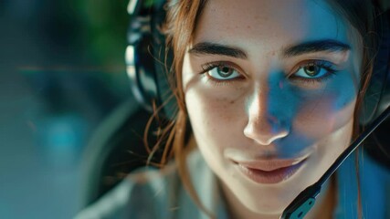 Wall Mural - A young woman wearing a headset has glowing eyes and blurred light around her face, suggesting she is immersed in a video game or virtual reality. She looks focused and slightly excited.
