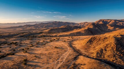 Wall Mural - Beautiful golden hues cover the desert landscape as the sun sets. Rolling hills and mountains create a stunning backdrop for the serene scene. A winding path cuts through the arid terrain.