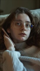 Wall Mural - Close-up of a young woman with glasses, deep in thought while talking on her phone.