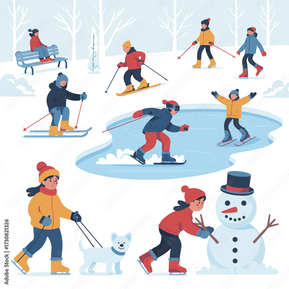 Flat Vector Illustration of People Doing Winter Activities in the Park ...