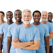 © Eli - A diverse group of men of different ages and ethnicities wearing blue tshirts, smiling and standing together, isolated on transparent background