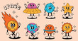 © Kateryna Moskaleno - A set of groovy space characters in retro style. Planets, sun, comet.