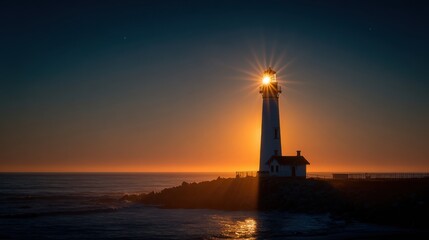 Wall Mural - A lighthouse stands tall illuminated by the setting sun. The serene ocean waves crash against the rocks casting a warm glow in the evening sky.