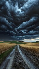Wall Mural - Dramatic Cloudy Sky Over Serene Rural Road Amidst Golden Fields