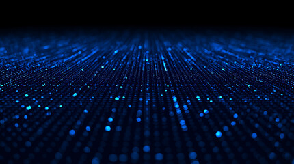Abstract blue digital data stream futuristic background with glowing particles and dark backdrop represents high tech and innovation