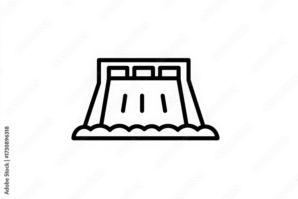 A simple line drawing shows a dam with three gates. Water flows over the top, creating a smooth current. This representation captures the structure and function of a dam in a minimalist way.