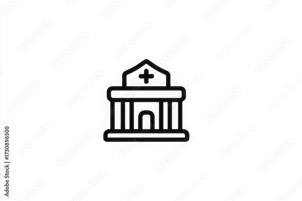 A basic design of a healthcare facility. The structure features a prominent cross symbol, indicating its medical purpose. It presents a clear, clean outline that emphasizes health services.