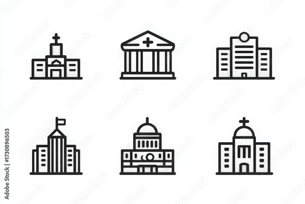 This artwork displays various building designs, including a church, a courthouse, a hospital, and others.