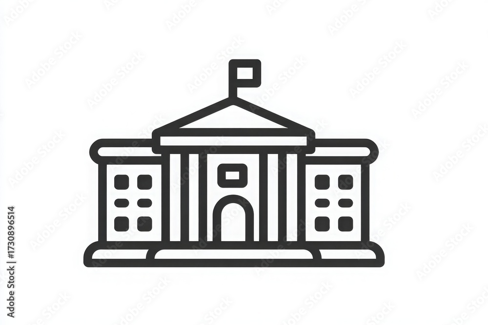 This classic building features a symmetrical design with a central entrance, tall columns, and a flag. Its architectural style evokes a sense of tradition and authority, ideal for civic use.