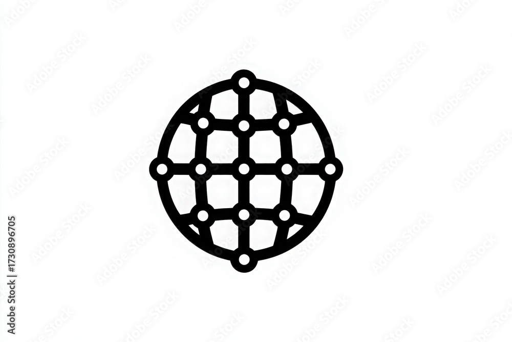 A black and white illustration of a globe with a network pattern made up of dots and lines. This design symbolizes global connectivity and the interconnectedness of different locations.