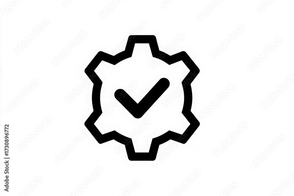 A black gear with a checkmark inside symbolizes a completed task or verified process. This design element is often used in tech or industrial settings to indicate approval or readiness.