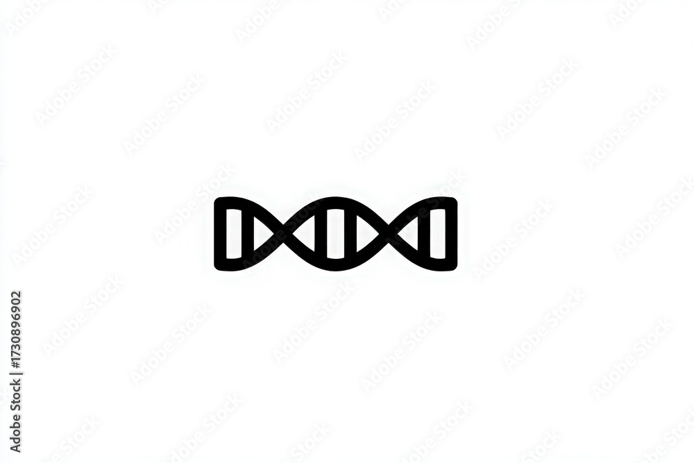 A minimalist graphic shows a black DNA double helix symbol on a light background. This design illustrates the concept of genetics and biological information clearly and effectively.