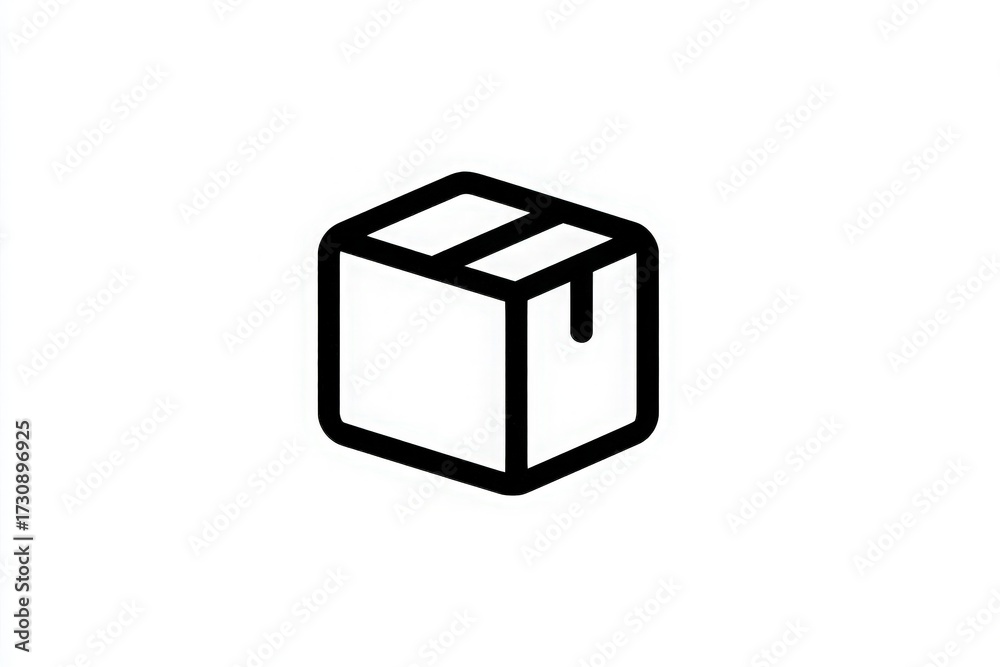 A minimalist design shows a small cardboard box outlined in black. The box has a slightly open lid, suggesting it may be filled with items or ready for packing.