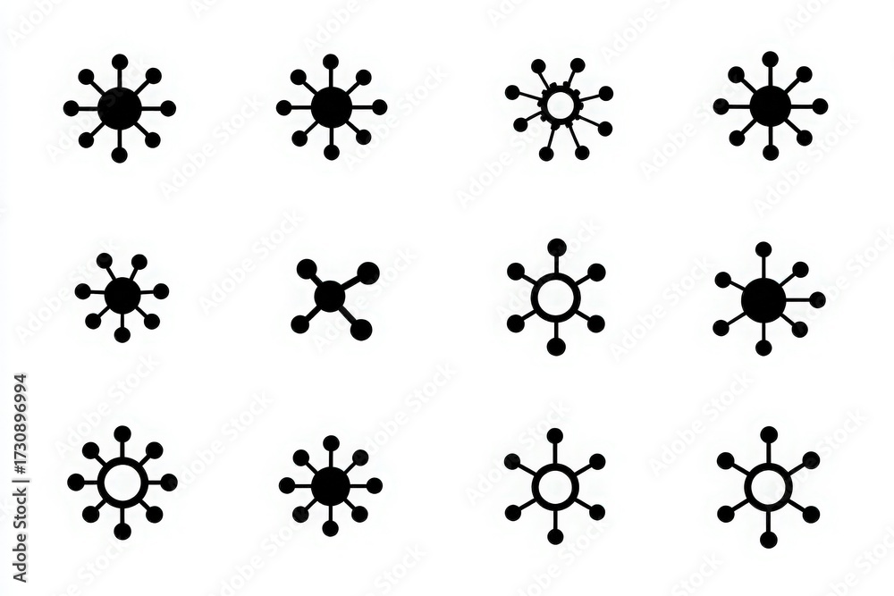Multiple black and white cellular shapes are arranged in a grid format. Each shape varies in size and design, showcasing detailed patterns and symmetry. The overall look is modern and minimalistic.
