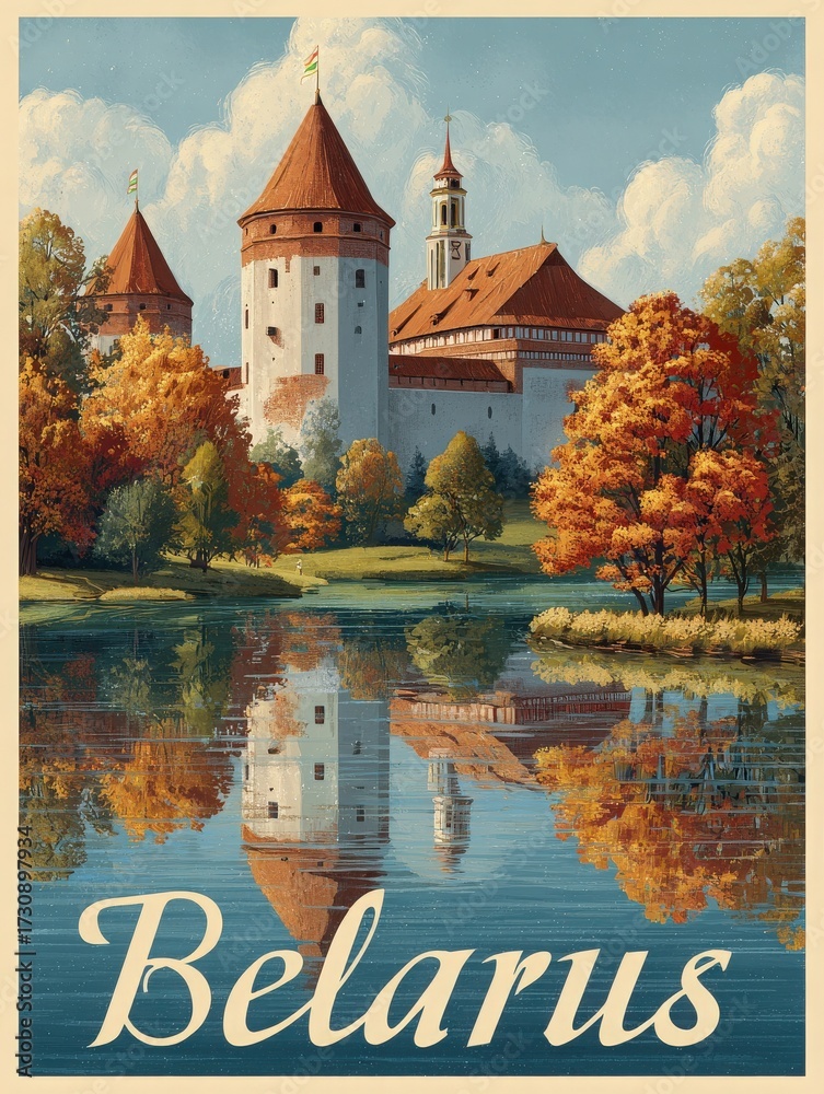 A picturesque scene showcases a castle near a calm lake surrounded by vibrant autumn trees. The reflection creates a serene atmosphere, highlighting the beauty of Belarus in fall.