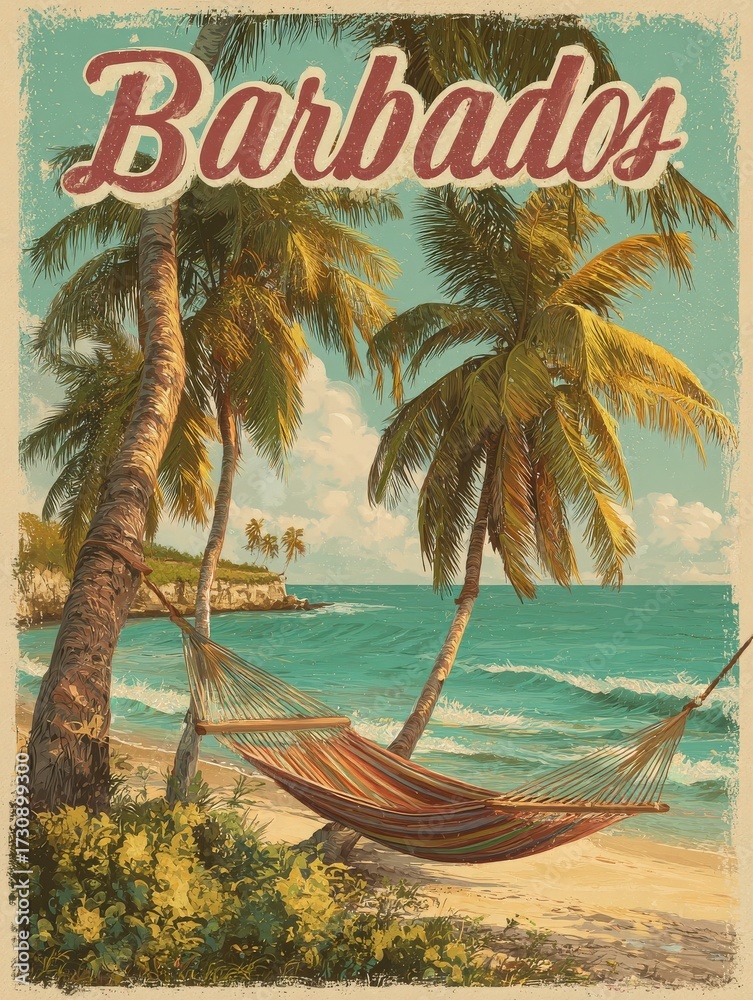 A serene beach scene in Barbados features a colorful hammock strung between palm trees. The clear turquoise water gently waves against the sandy shore, inviting relaxation and peace on a sunny day.