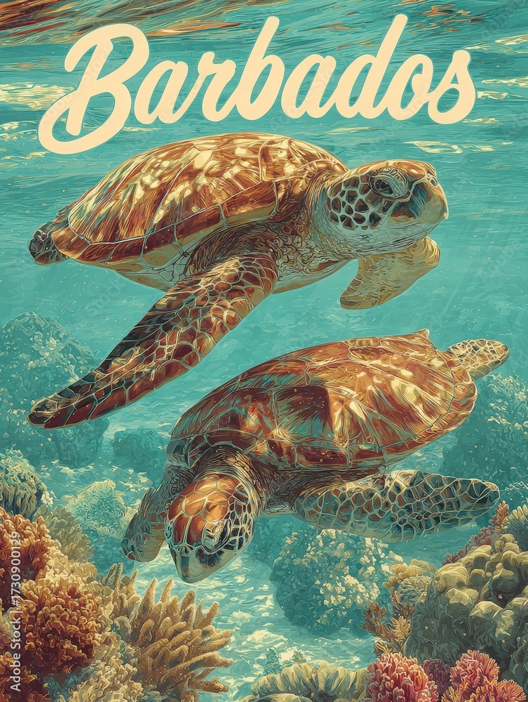 Two vibrant sea turtles glide through the clear blue waters of Barbados, surrounded by lush coral reefs. This serene scene captures the beauty of marine life and underwater ecosystems.