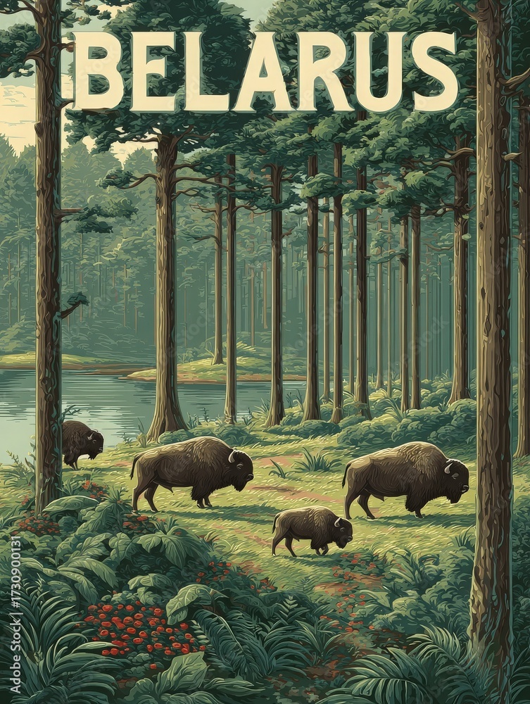 A family of bison grazes peacefully in a lush forest landscape near a calm lake in Belarus. Tall trees surround them, creating a tranquil and natural setting.