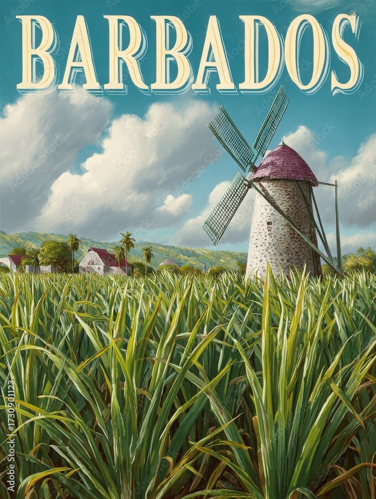 This artwork showcases a vintage windmill set against a backdrop of vibrant sugarcane fields in Barbados. The sky is bright and dotted with clouds, adding to the serene landscape.