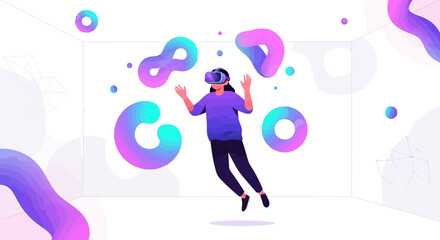 Immersive virtual reality experience woman exploring simulated 3D environment with VR headset