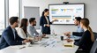 © Kick - A professional business meeting with diverse team members collaborating around a conference table, as a woman presents data and analytics on a digital screen, representing teamwork, strategy, and lead