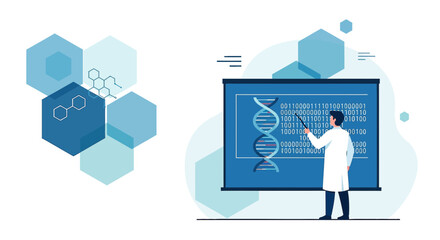 Illustration of a scientist presenting dna structure and genetic code for research advancement