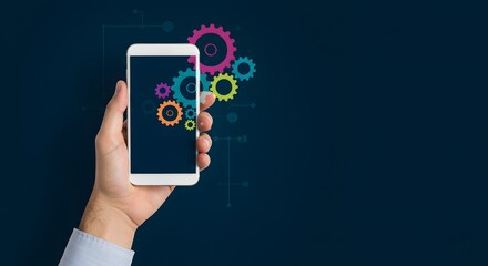 Mobile App Development Concept with Gears and Smartphone