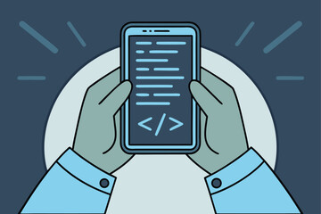 Hands Holding Smartphone Displaying Code And Brackets coding programming