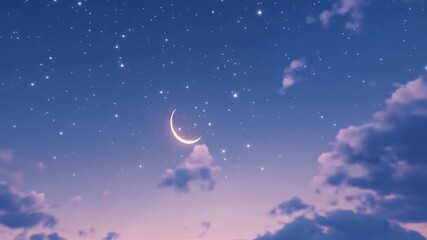 Crescent moon above dramatic night sky with glowing clouds and stars in a serene atmosphere