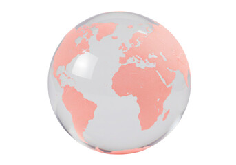 Clear glass globe with pink continents isolated on transparent background, world map sphere for decoration and educational use