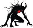 © Hey There - Dark shadow demon with glowing red eyes and heart, evil creature silhouette, horror fantasy monster, supernatural entity vector art