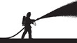 © Jaman_Visual - Black silhouette of a firefighter spraying water from a hose against a white background vector