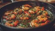 © FS - Sizzling Shrimp Temptation: A close-up shot of delectable shrimp sizzling in a pan, infused with flavorful herbs and spices, evokes culinary delight and the essence of a gastronomic adventure.
