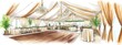 © David Giraud - Une élégante tente de mariage avec des draps blancs et dorés, de grands lustres suspendus au plafond, une piste de danse en bois et des tables rondes installées pour les invités.