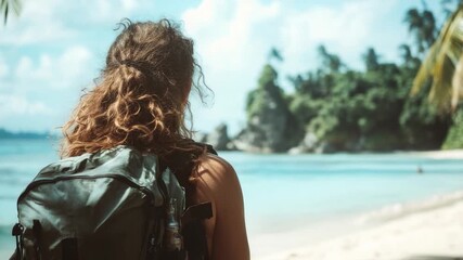 Wall Mural - A traveler takes in the breathtaking view of the ocean while carrying her backpack, ready for the next adventure